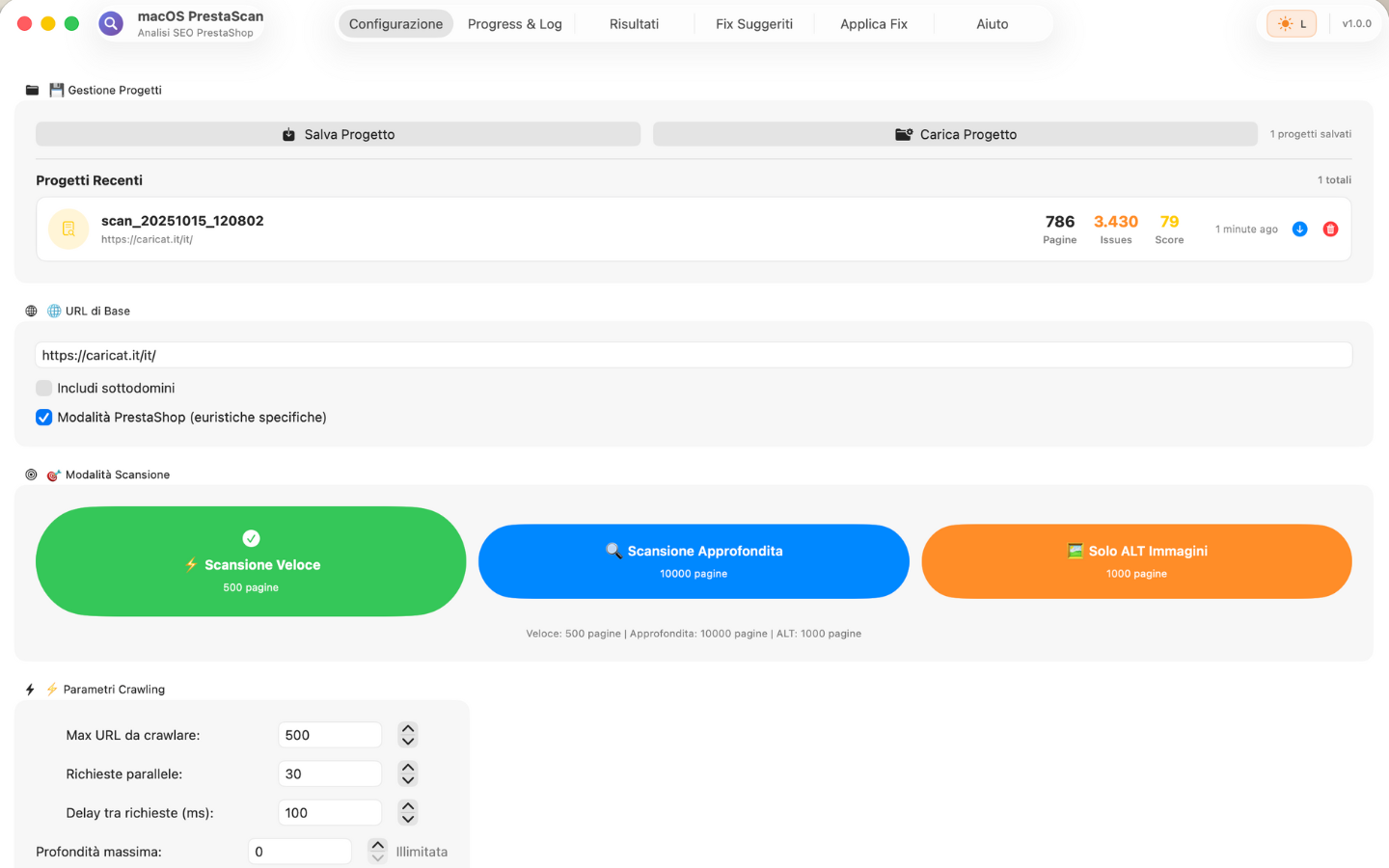 PrestaScan macOS Dashboard - Analisi SEO PrestaShop con 788 pagine scansionate, score 94/100, monitoraggio real-time issues critici, warning e info