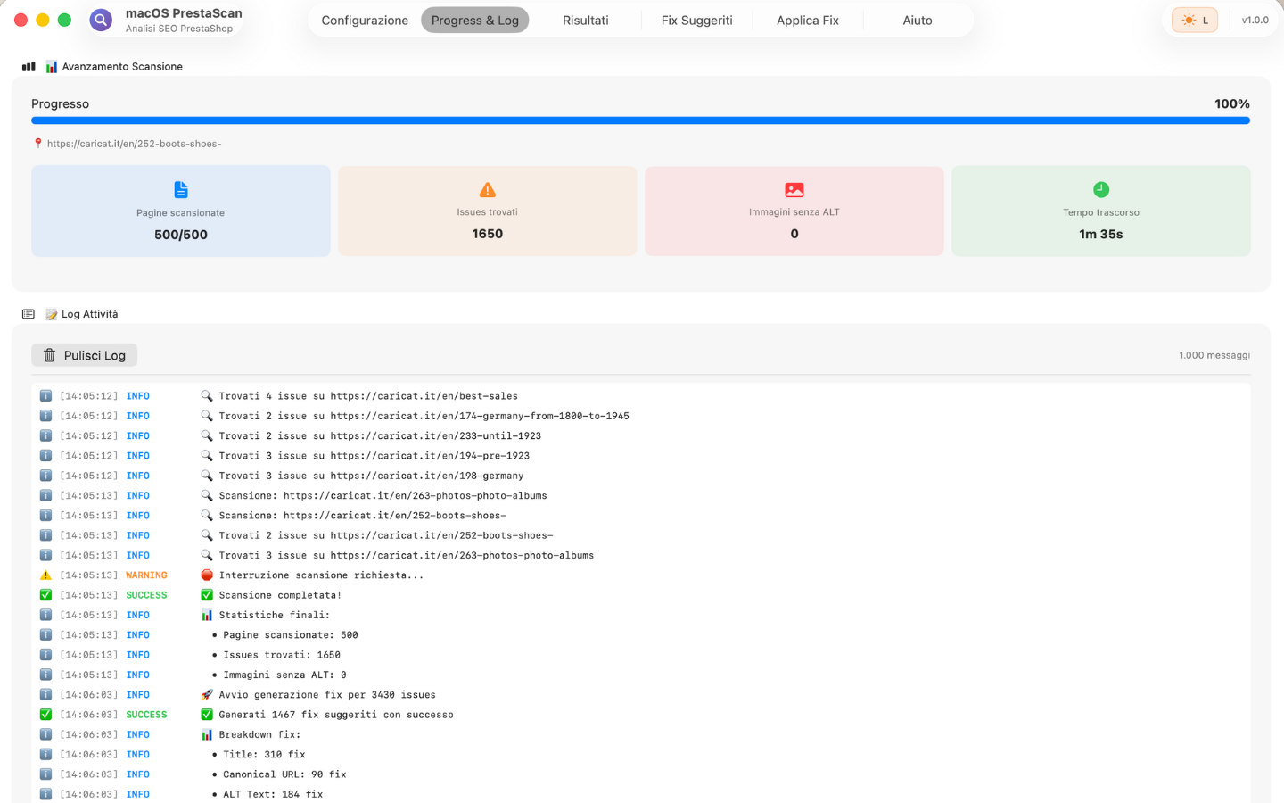 PrestaScan Configurazione - Setup progetto PrestaShop con URL negozio, API key, preset scansione (Veloce 500, Approfondita 10K, ALT Immagini), parametri avanzati crawler