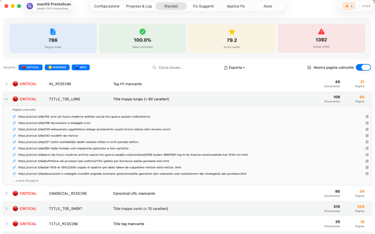 PrestaScan Risultati Analisi - Tabella issues SEO PrestaShop: meta description mancanti, title troppo lunghi, H1 duplicati, immagini senza ALT, filtri per severity CRITICAL/WARNING/INFO