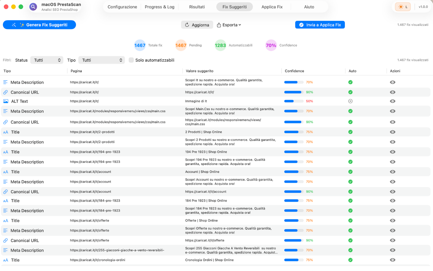 PrestaScan AI Fix Generator - Meta description generate da DeepSeek/OpenAI/Claude per prodotti PrestaShop, confidence score HIGH/MEDIUM/LOW, anteprima testi ottimizzati SEO multilingua