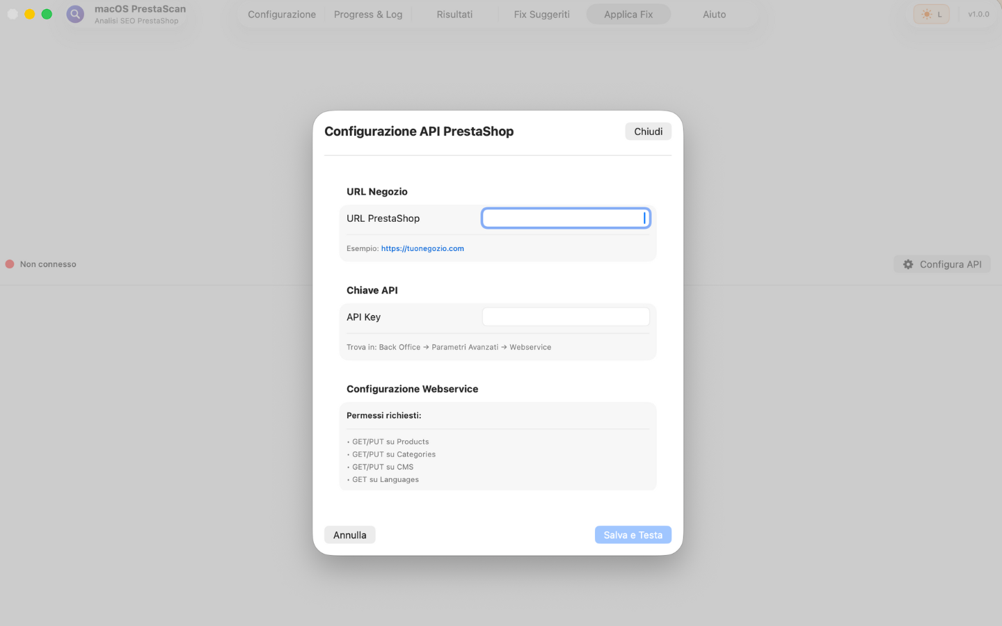 PrestaScan Applica Fix - Integrazione API PrestaShop, batch operations, backup automatico, rollback in 1 click, multilingua